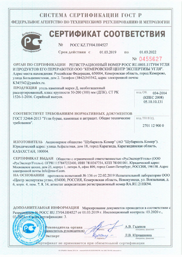 Камаенный уголь сертификат соответствия